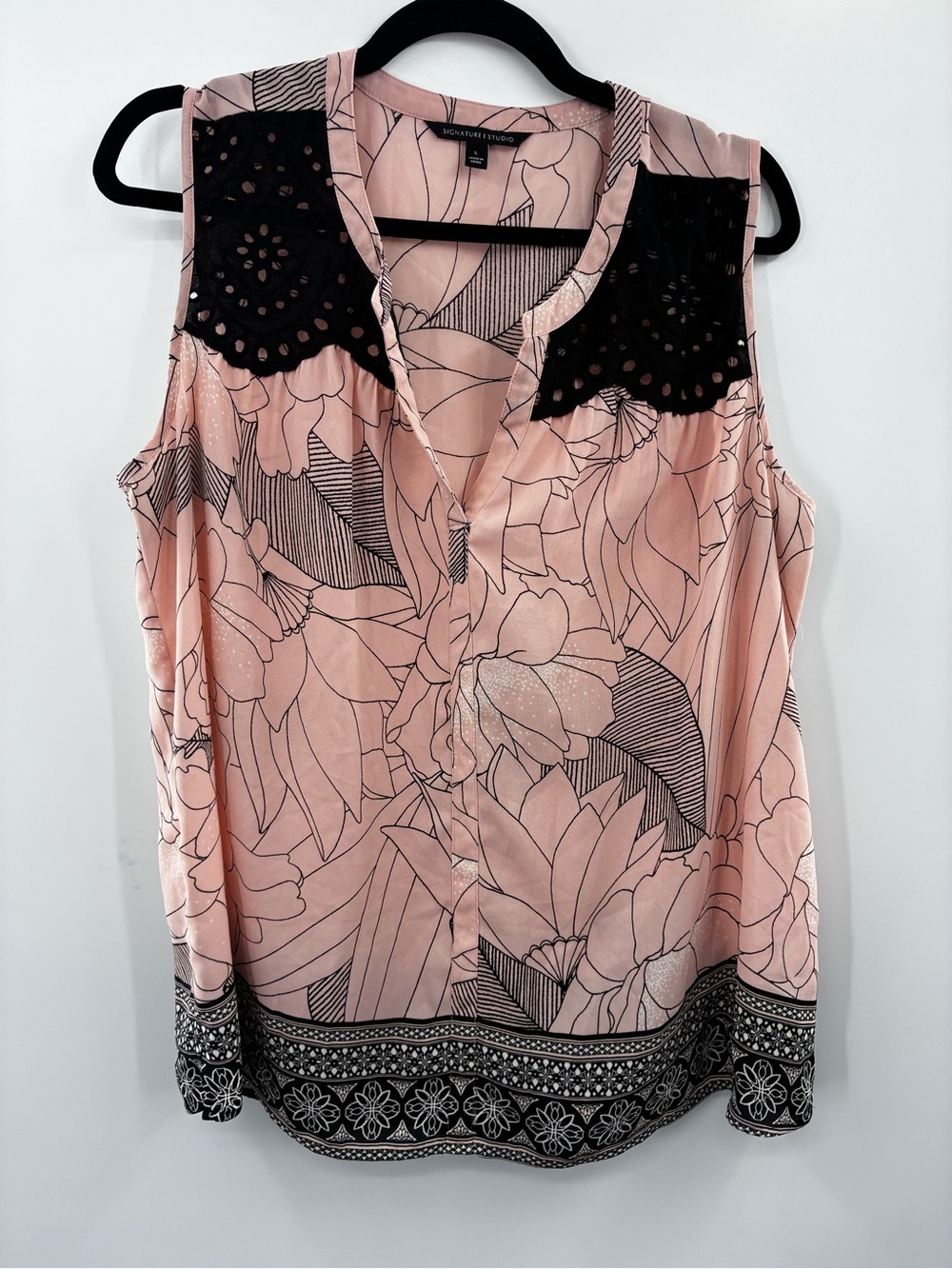 Signature Studio Pink Floral Sleeveless Blouse with Black Lace Yoke size L
